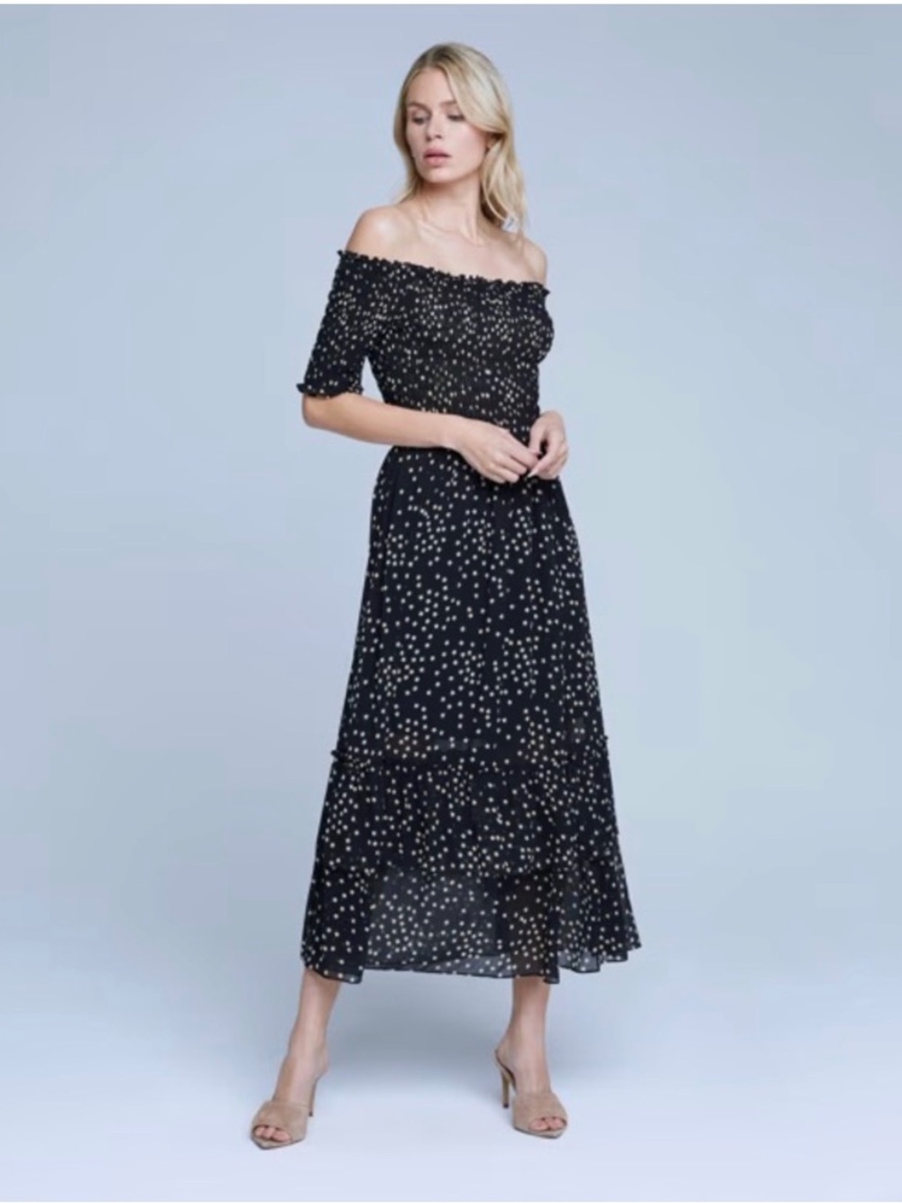 L’Agence Off-Shoulder Black with tan stars Maxi Dress